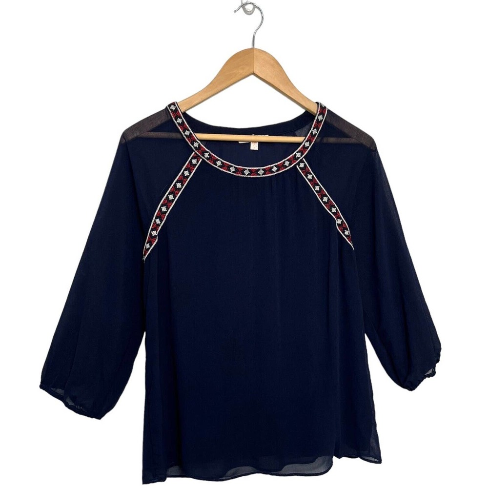 Anthropologie Skies Are Blue Aztec Embroidery Sheer Lined Blouse Navy Blue S